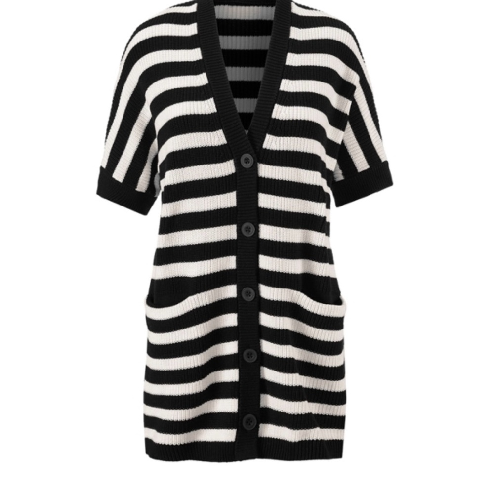 CAbi Black and White Striped Cardigan Sweater